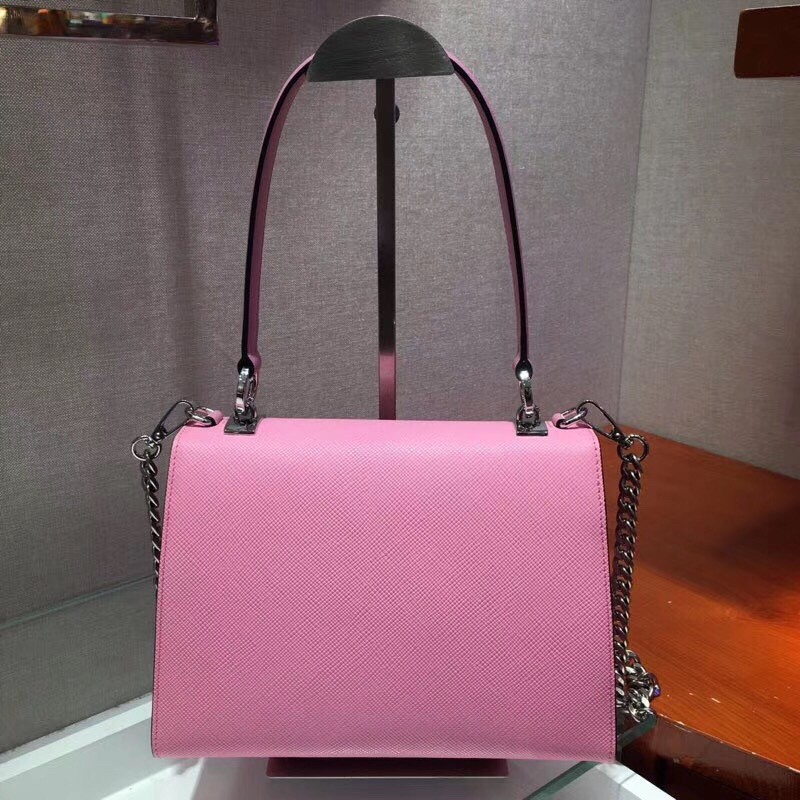 pra*a monoCh*0me top handle bag in pink saffiano leather