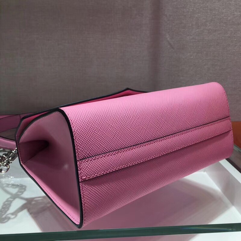 pra*a monoCh*0me top handle bag in pink saffiano leather