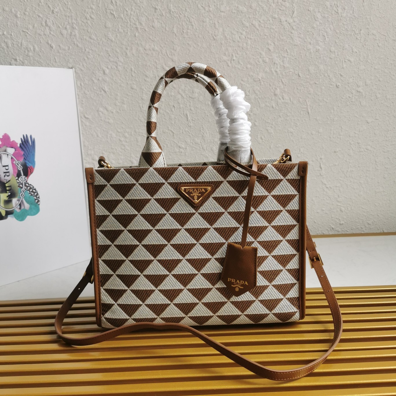 Pra*a symbole small bag in white/brown jjacquard fabric