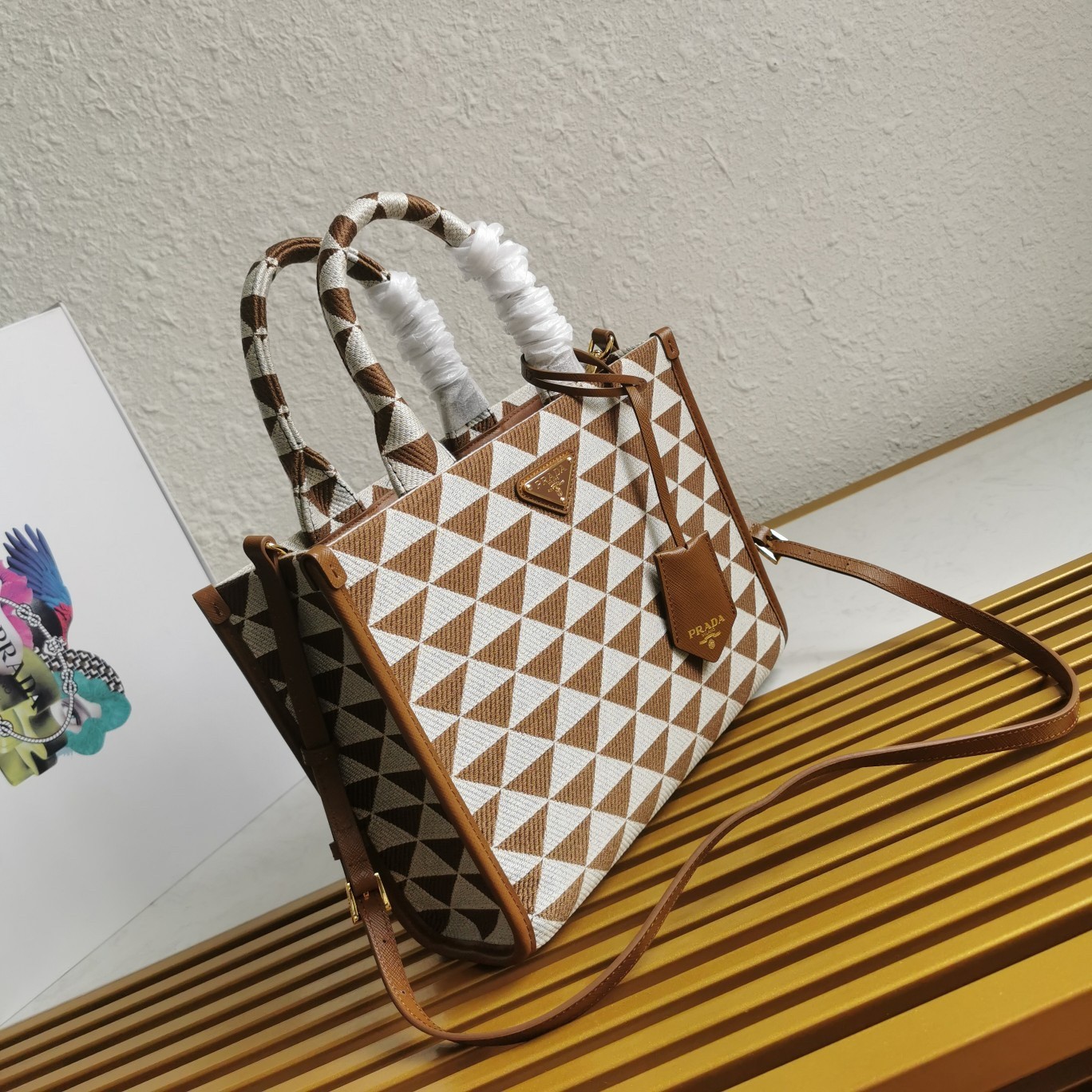 Pra*a symbole small bag in white/brown jjacquard fabric
