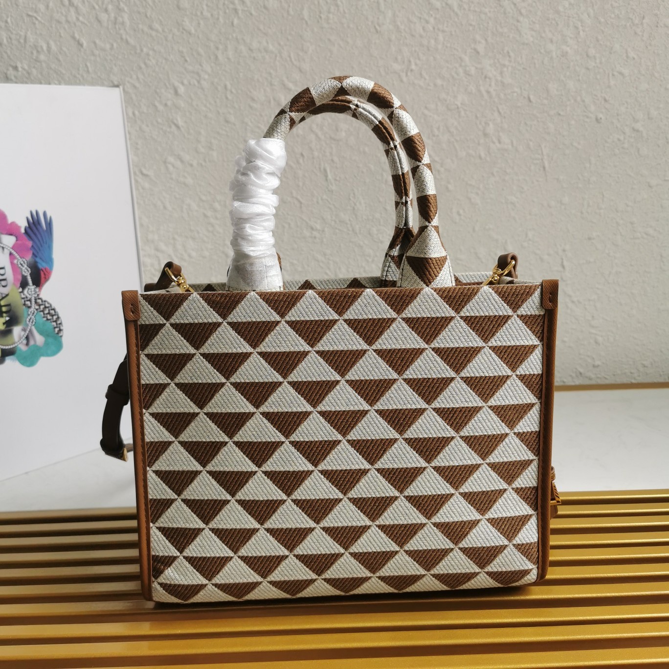 Pra*a symbole small bag in white/brown jjacquard fabric