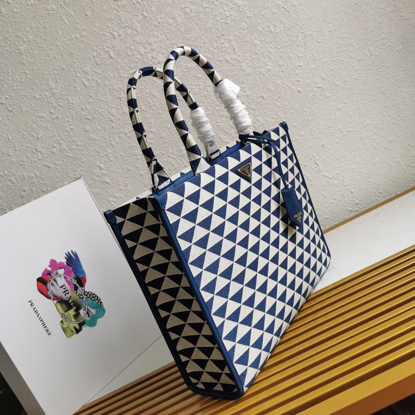 Pra*a symbole large bag in white/blue jjacquard fabric