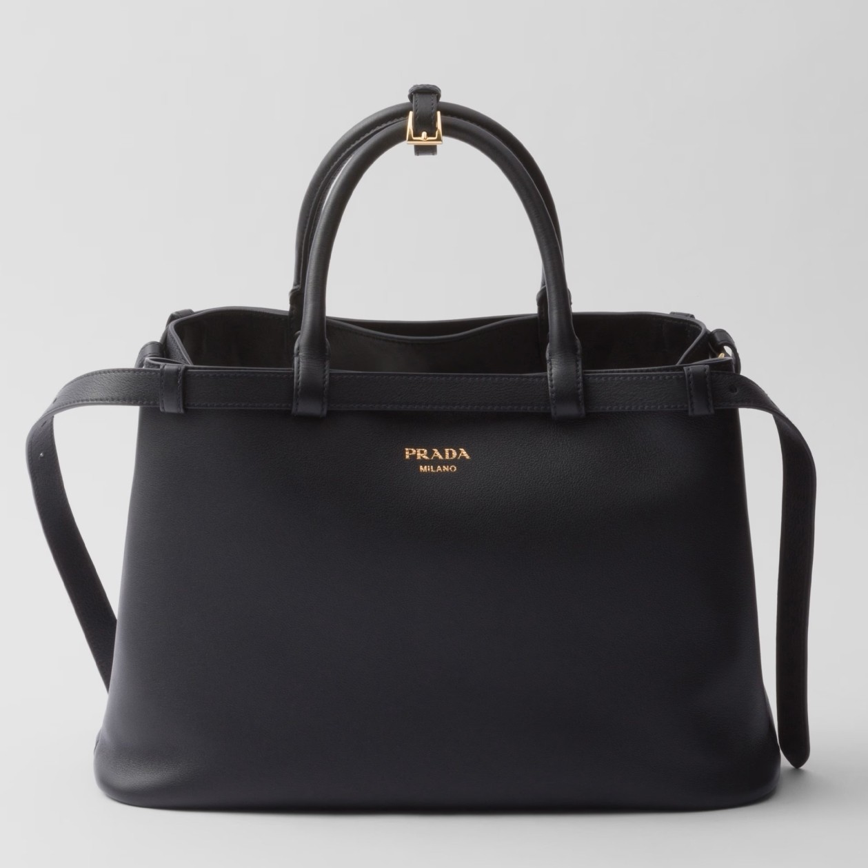 Pra*a buckle medium bag with double belt in black leather