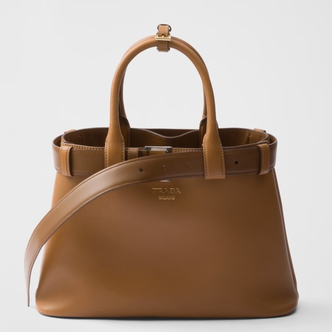 Pra*a buckle medium bag with belt in brown leather