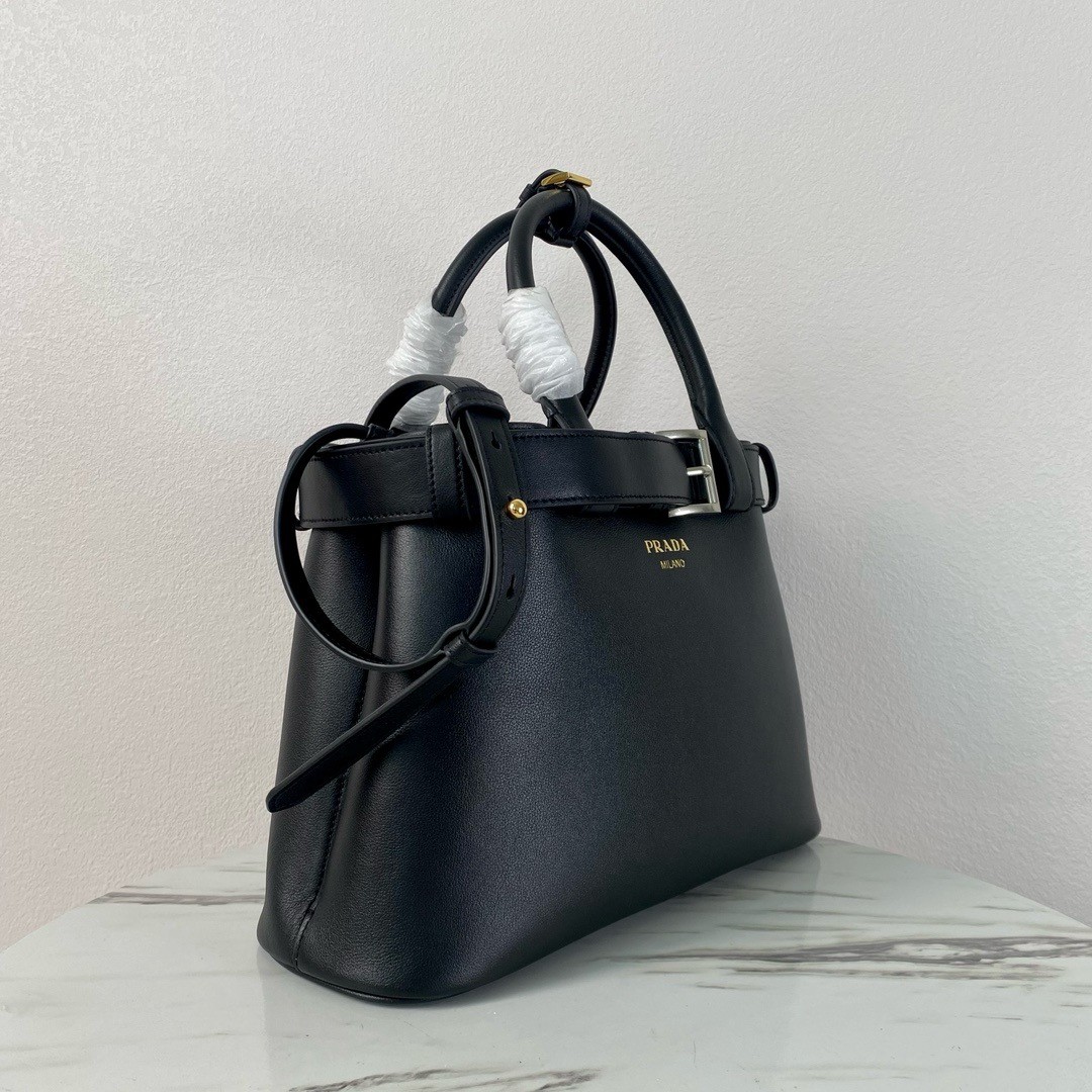 Pra*a buckle medium bag with belt in black leather
