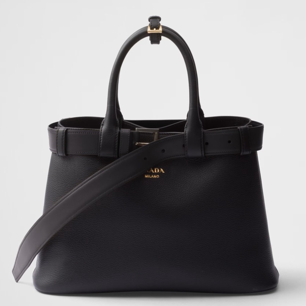 Pra*a buckle medium bag with belt in black leather
