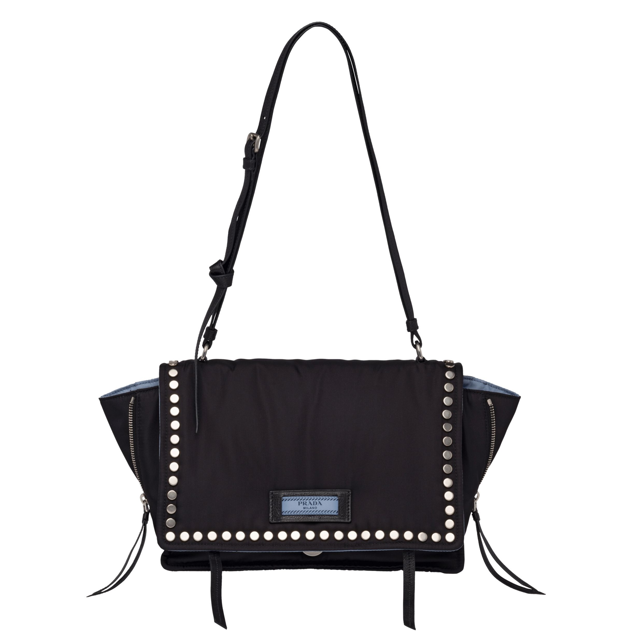 Pra*a etiquette bag in nylon with metal stud trim
