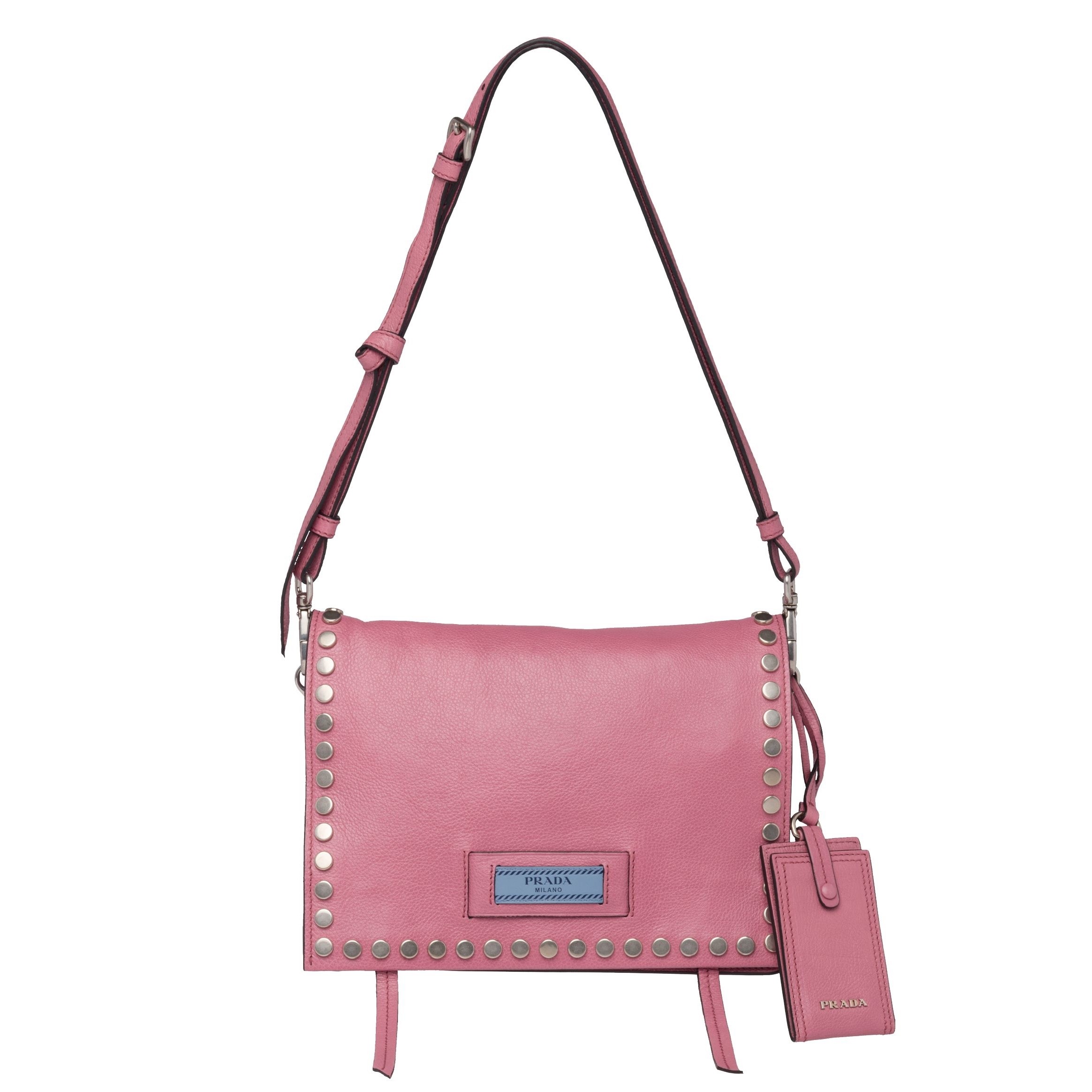 Pra*a etiquette bag in pink calfskin with metal stud trim