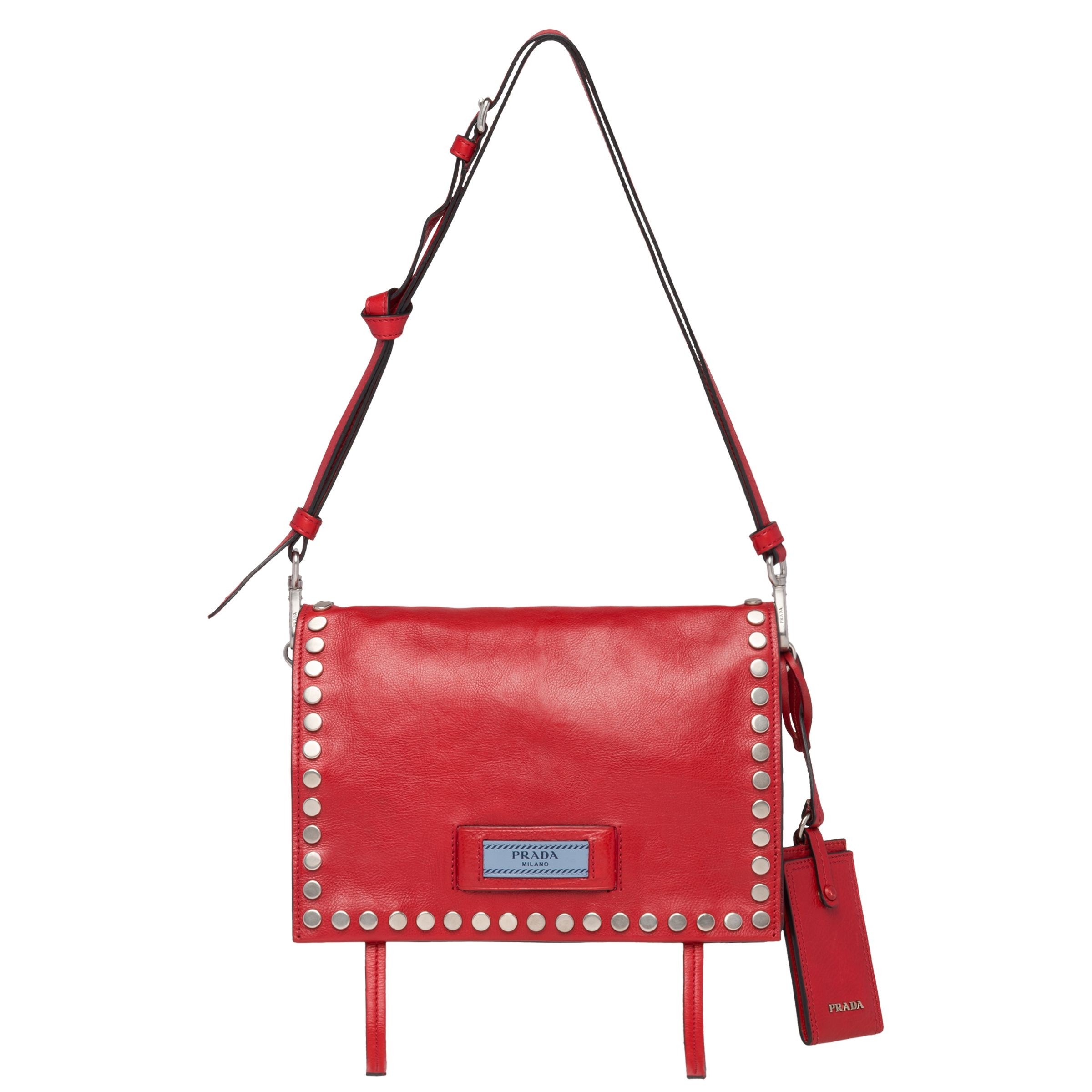 Pra*a etiquette bag in red calfskin with metal stud trim