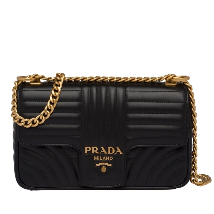 Pra*a medium diagramme flap bag in black calfskin