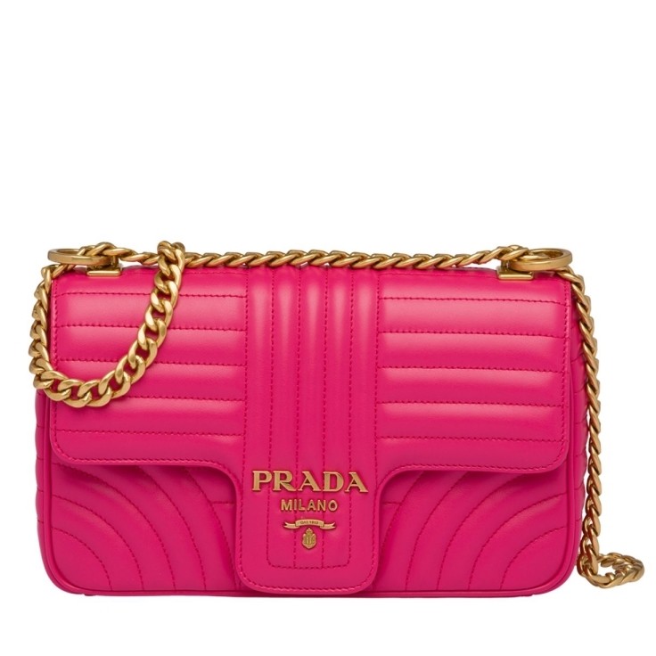 Pra*a medium diagramme flap bag in rose red calfskin
