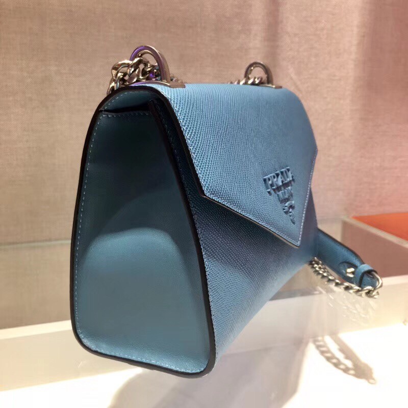 pra*a monoCh*0me flap bag in blue saffiano leather
