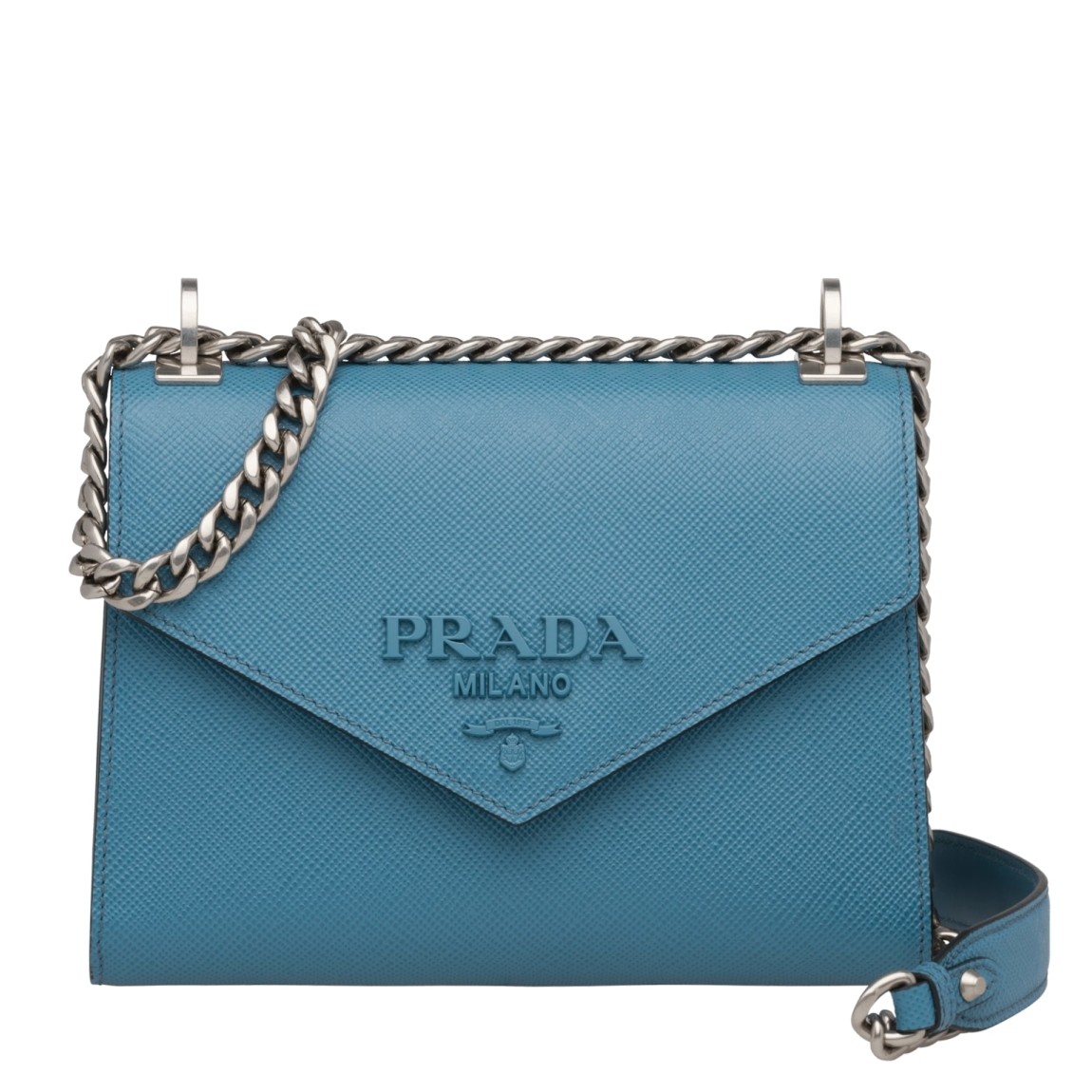 pra*a monoCh*0me flap bag in blue saffiano leather