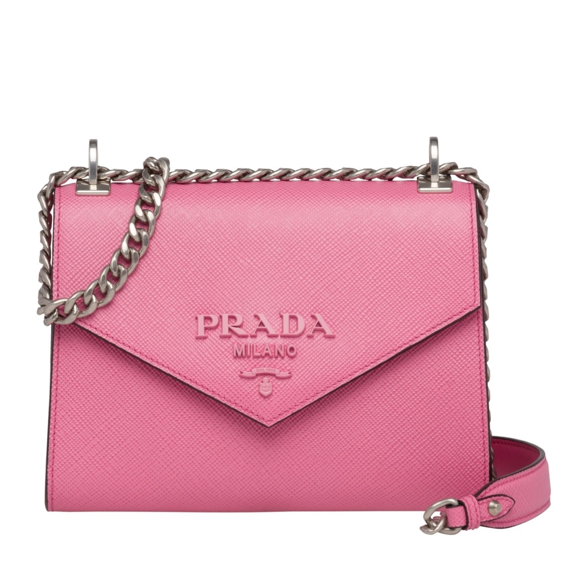 pra*a monoCh*0me flap bag in begonia pink saffiano leather