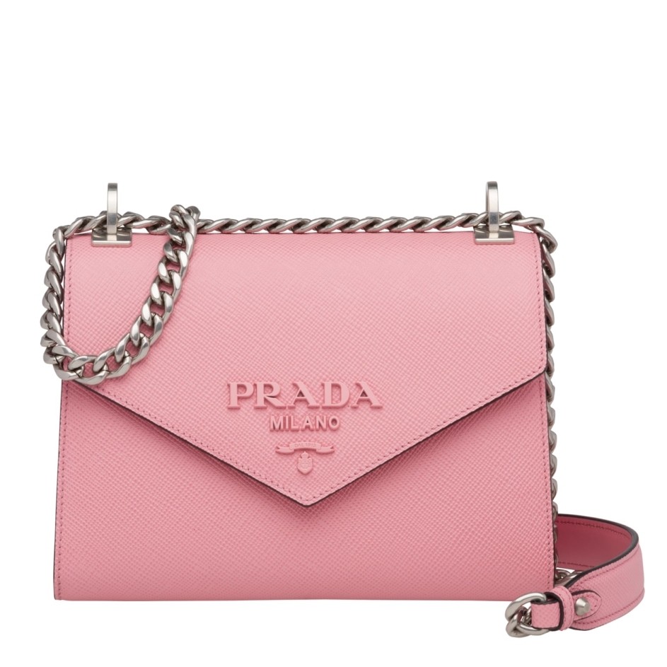 pra*a monoCh*0me flap bag in petal pink saffiano leather