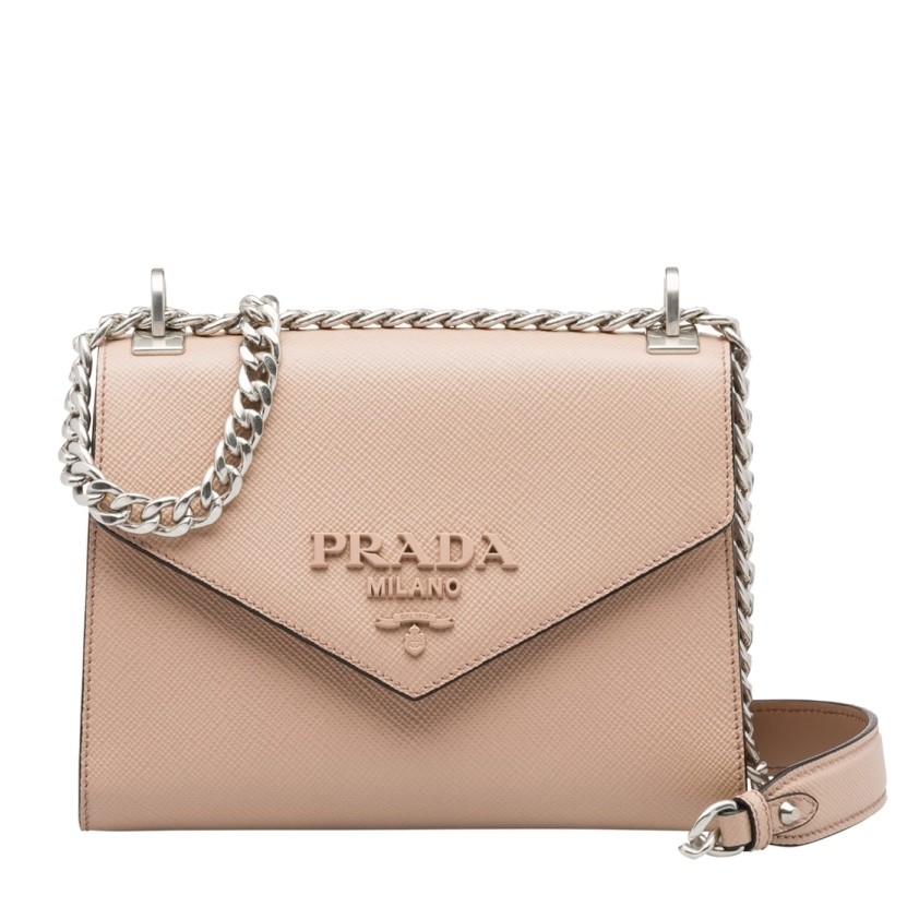 pra*a monoCh*0me flap bag in powder pink saffiano leather