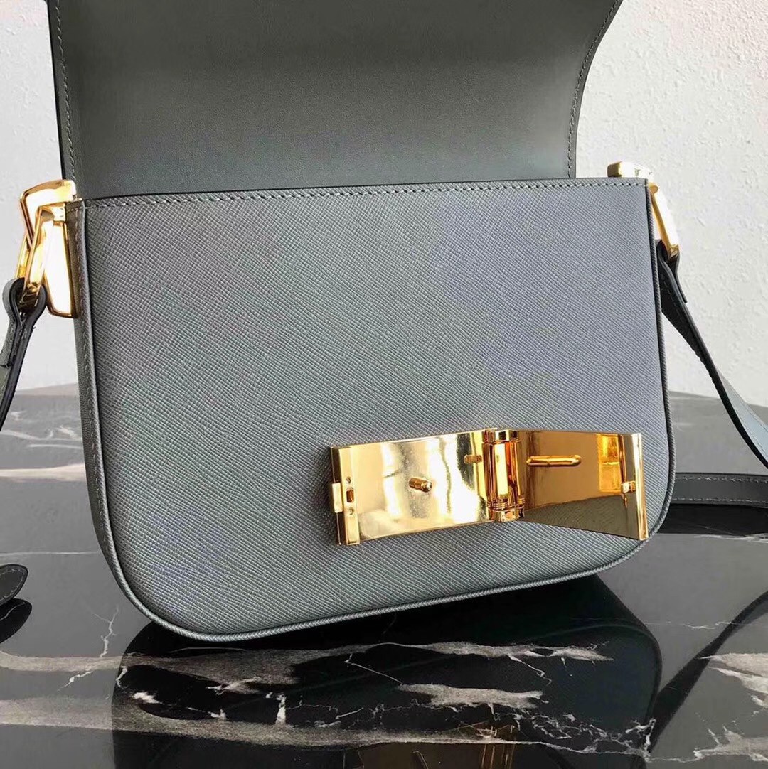 Pra*a embleme bag in grey saffiano leather
