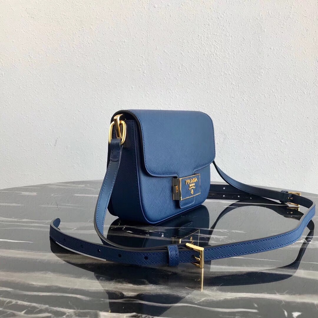 Pra*a embleme bag in blue saffiano leather