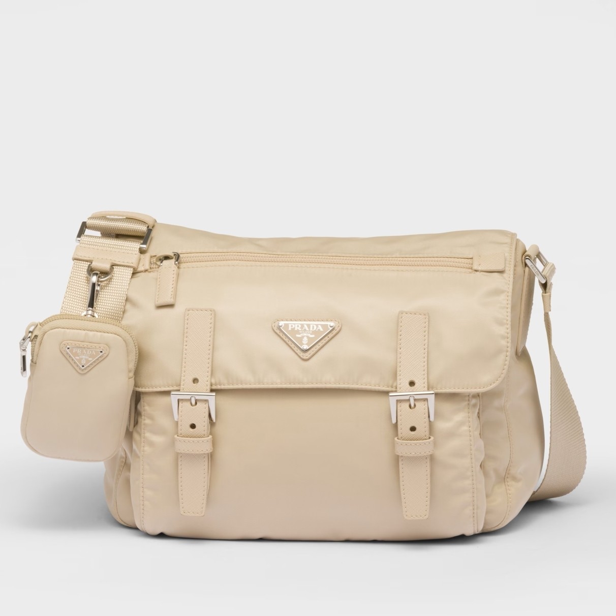 Pra*a shoulder bag with flap in beige re-nylon