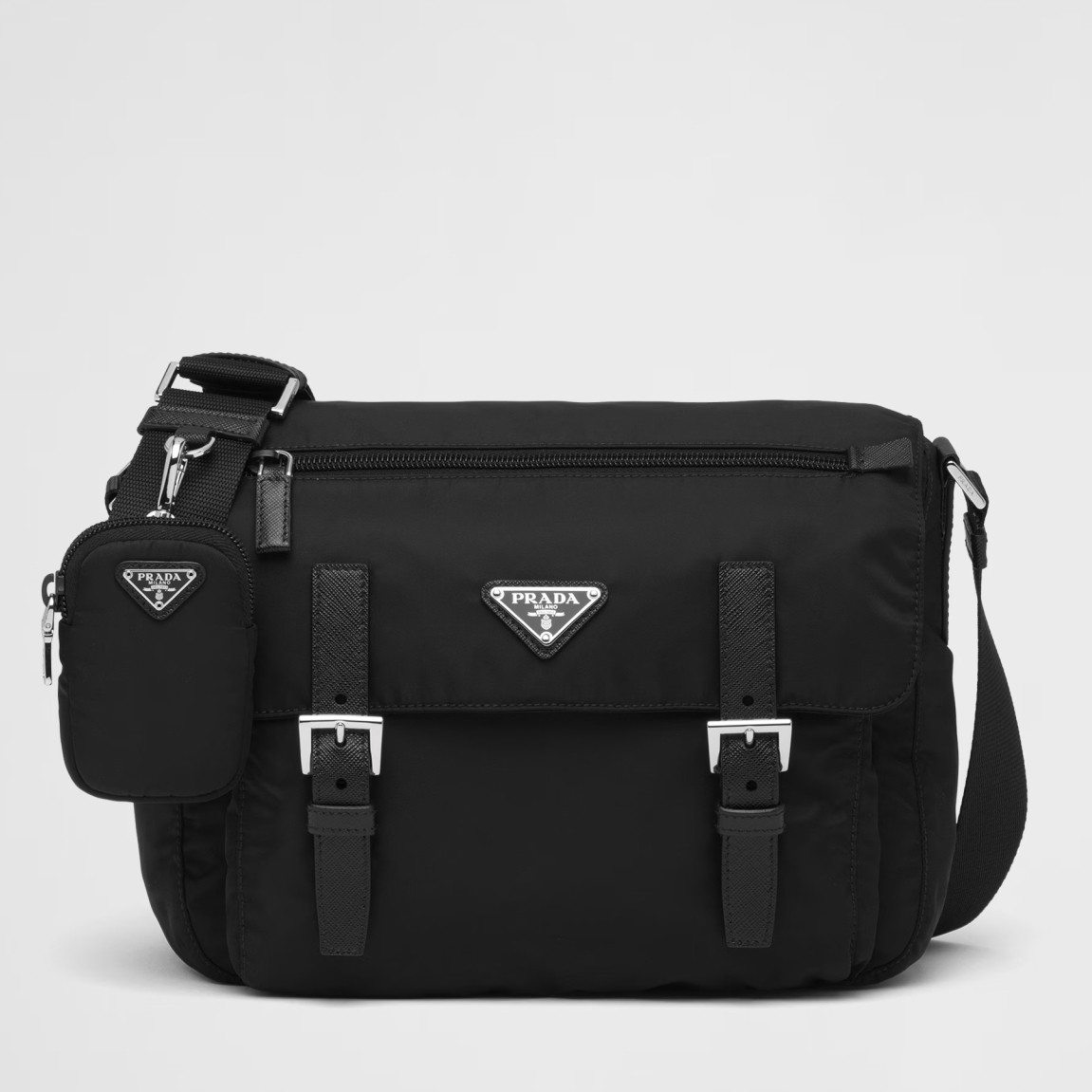 Pra*a shoulder bag with flap in black re-nylon