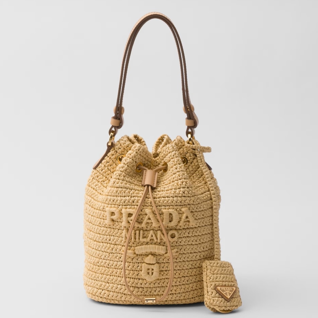 Pra*a crochet mini bucket bag in natural raffia-effect yarn