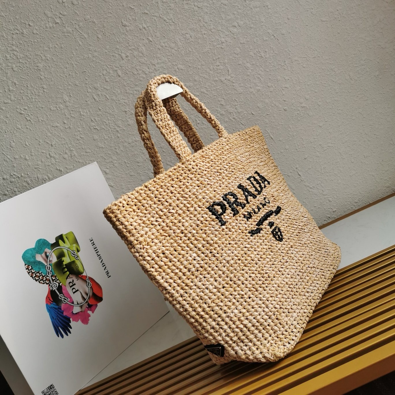 Pra*a large crochet tote bag in beige raffia-effect yarn