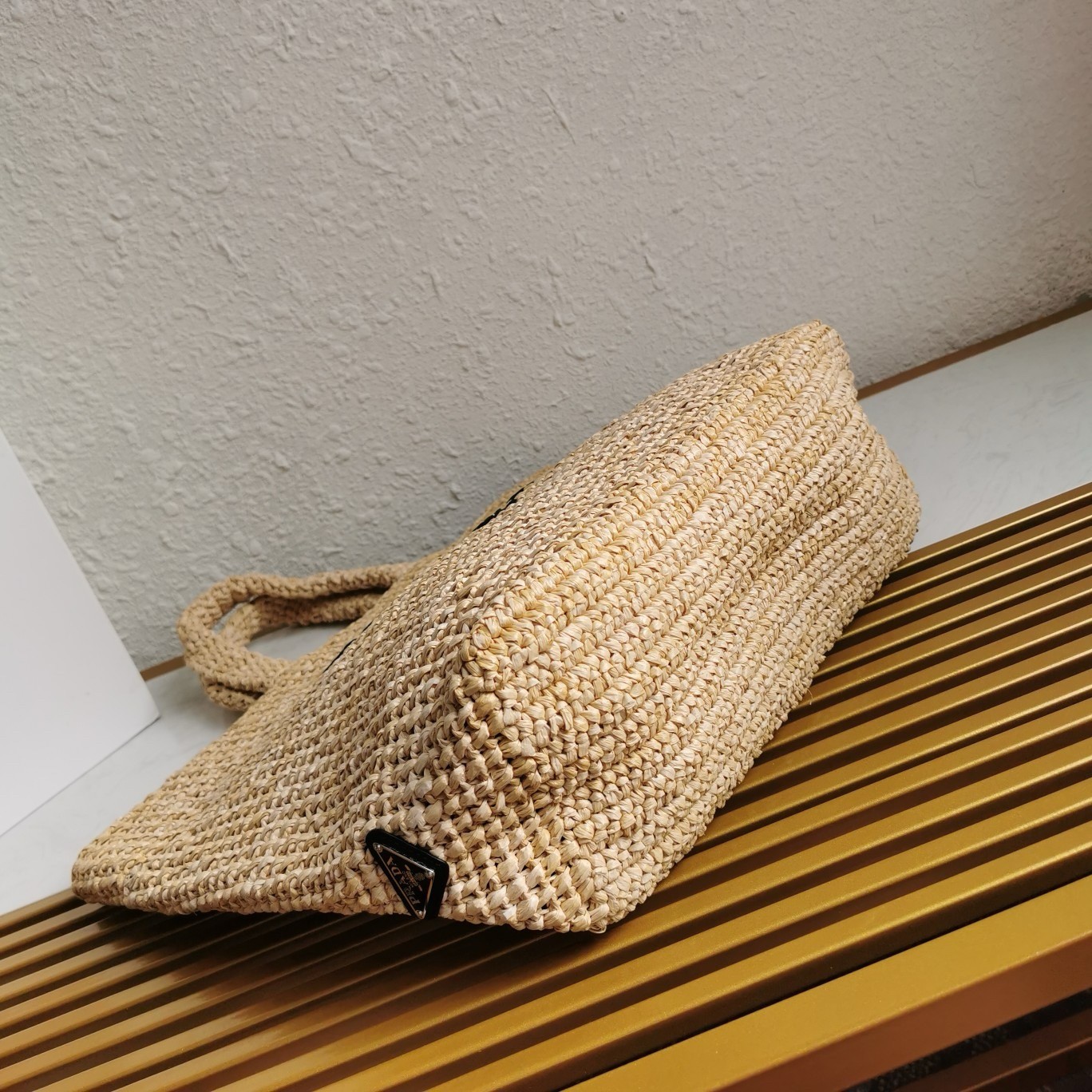 Pra*a large crochet tote bag in beige raffia-effect yarn