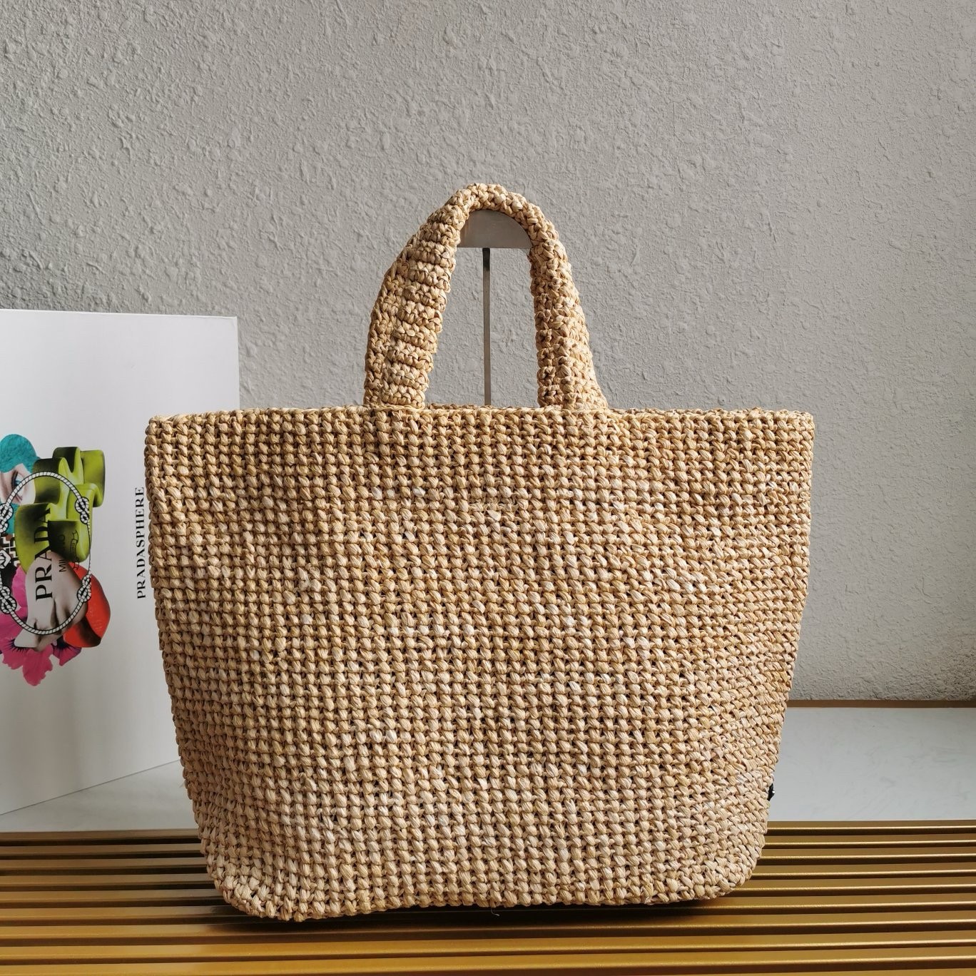 Pra*a large crochet tote bag in beige raffia-effect yarn