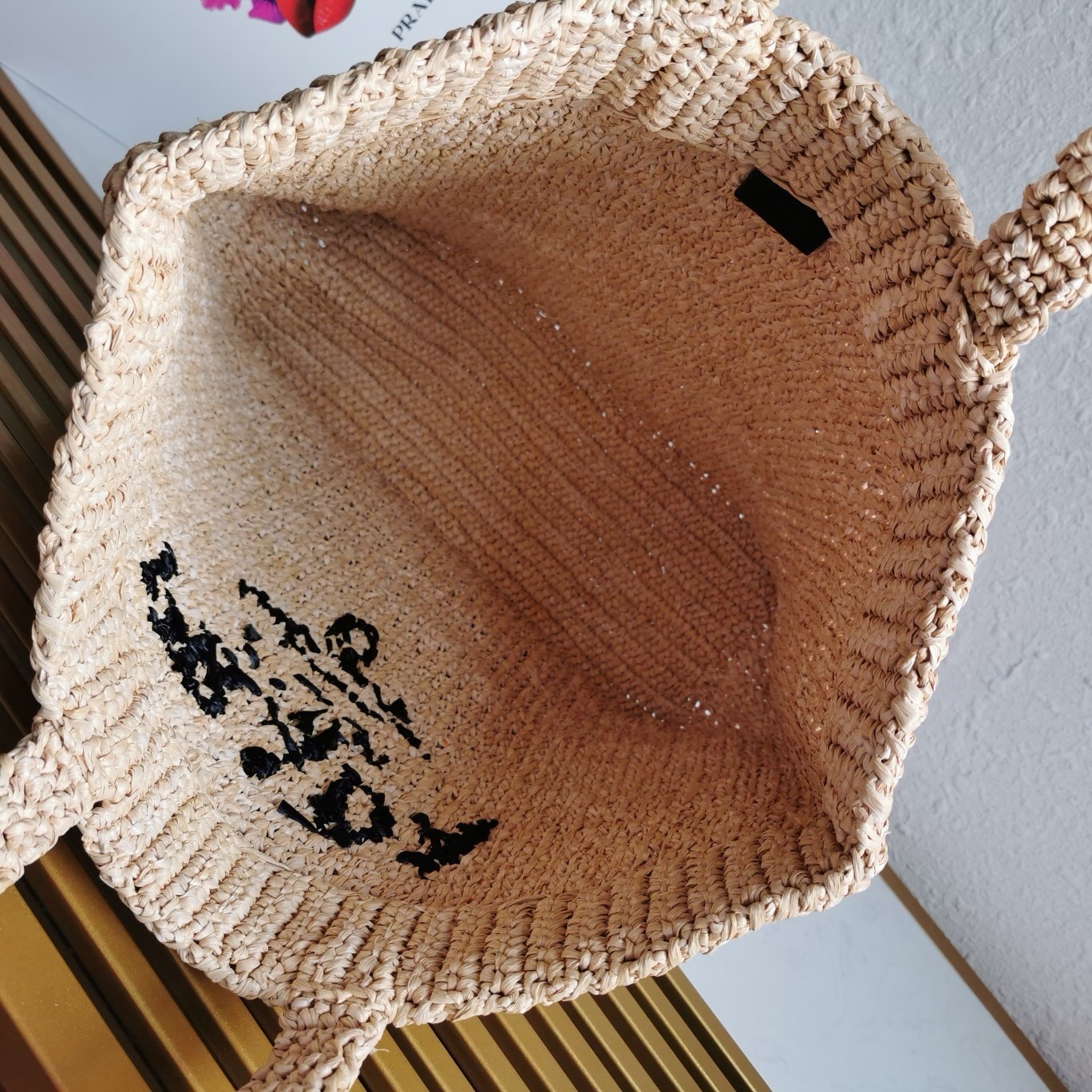 Pra*a large crochet tote bag in beige raffia-effect yarn