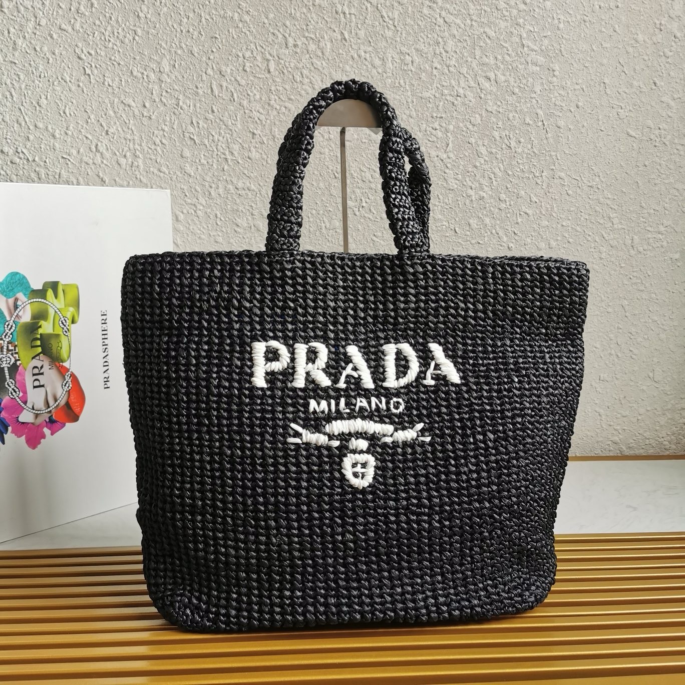 Pra*a large crochet tote bag in black raffia-effect yarn
