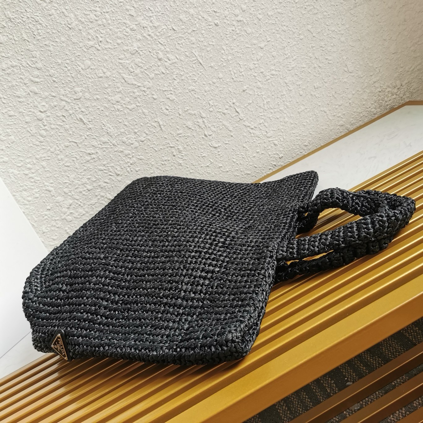 Pra*a large crochet tote bag in black raffia-effect yarn