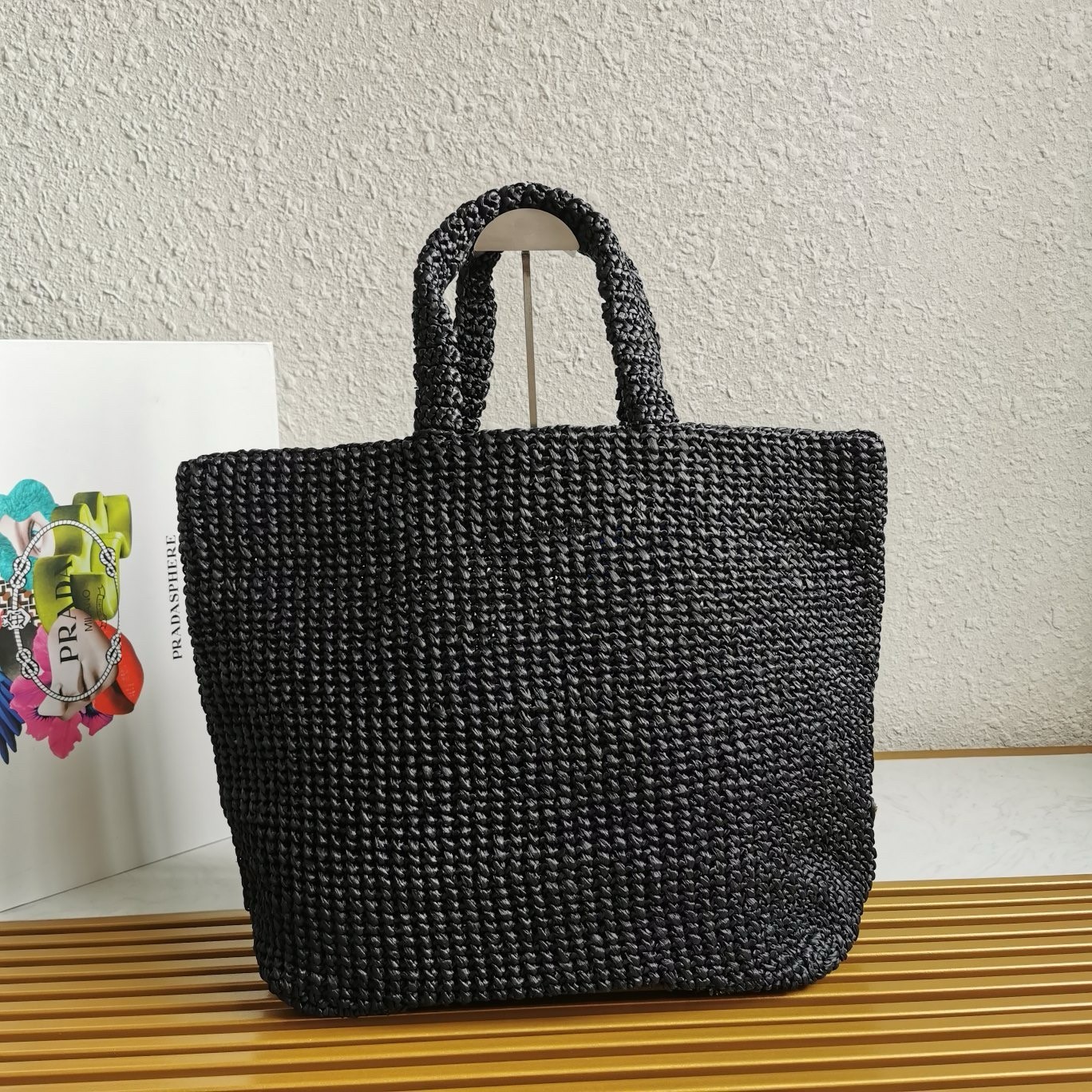 Pra*a large crochet tote bag in black raffia-effect yarn