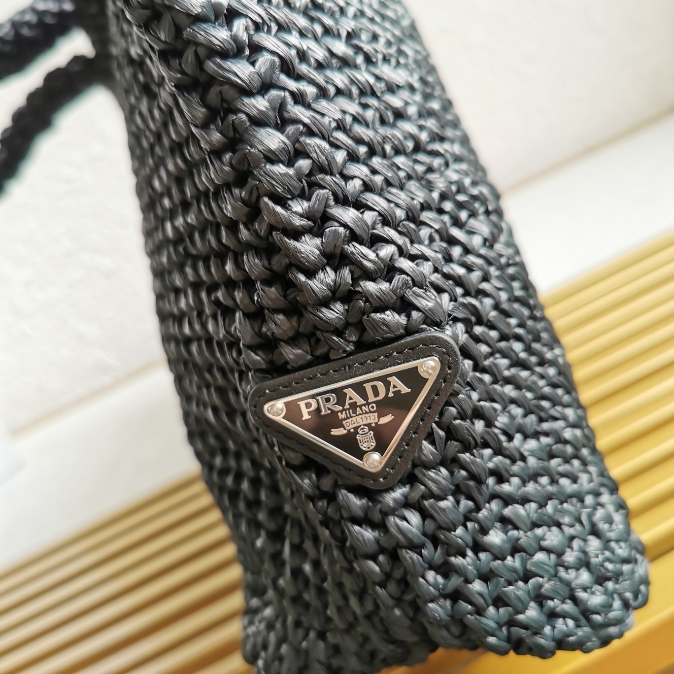 Pra*a large crochet tote bag in black raffia-effect yarn