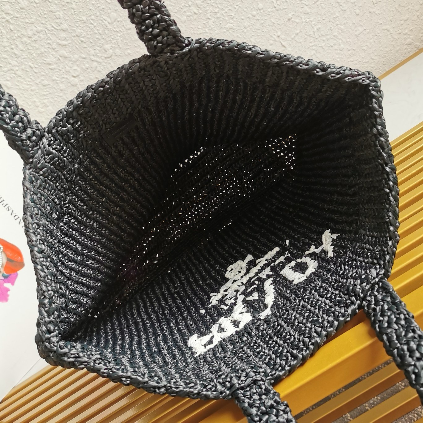 Pra*a large crochet tote bag in black raffia-effect yarn