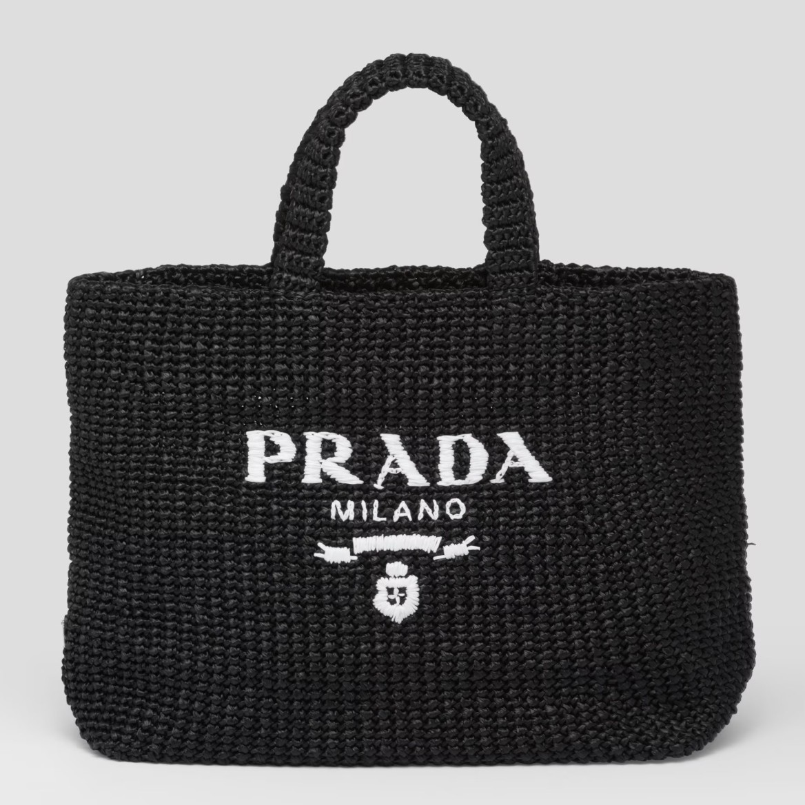 Pra*a large crochet tote bag in black raffia-effect yarn