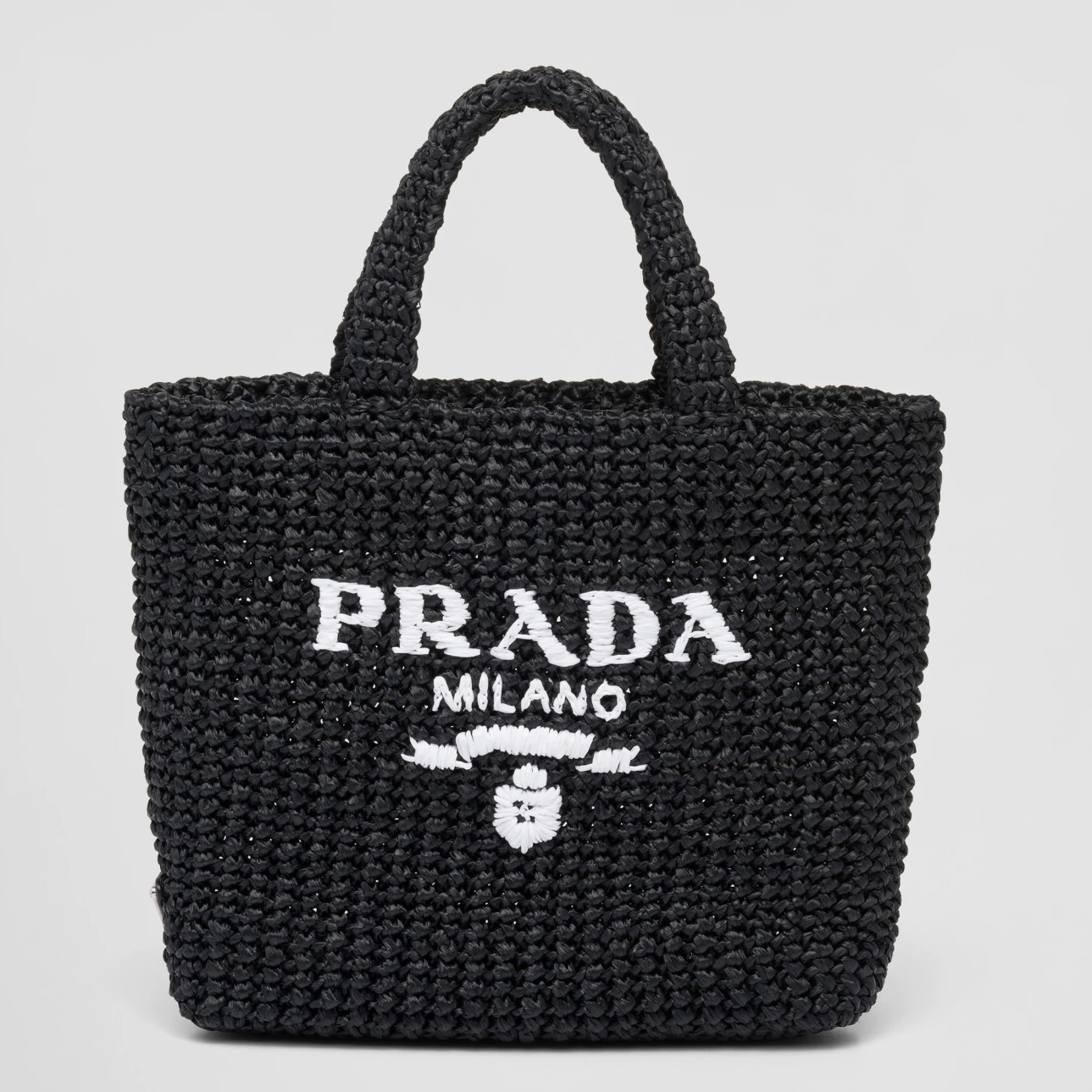 Pra*a small crochet tote bag in black raffia-effect yarn