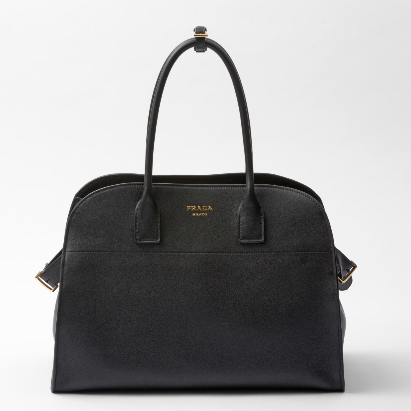 Pra*a large tote bag in black leather with buckles