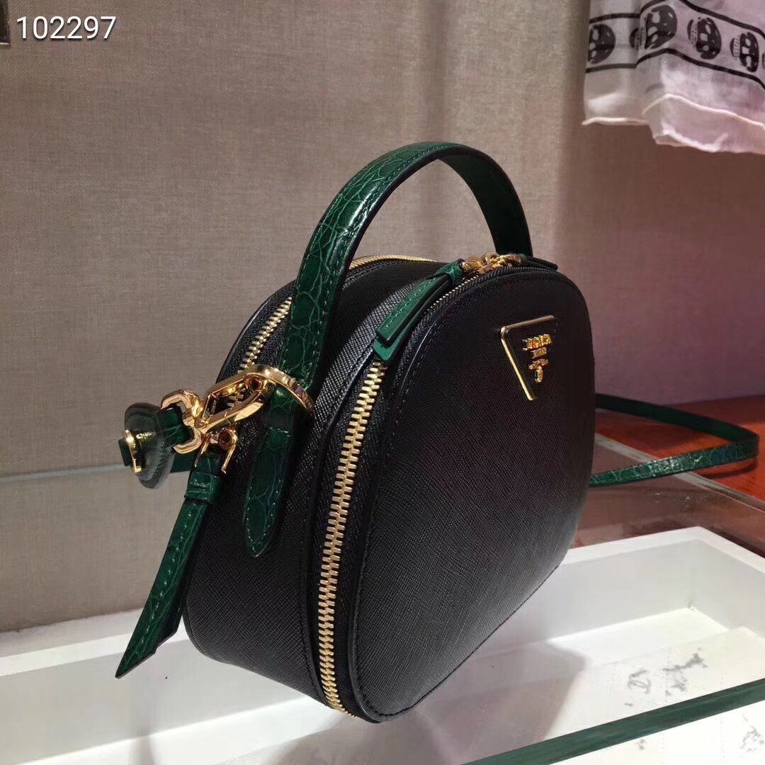 Pra*a odette black saffiano and green crocodile bag