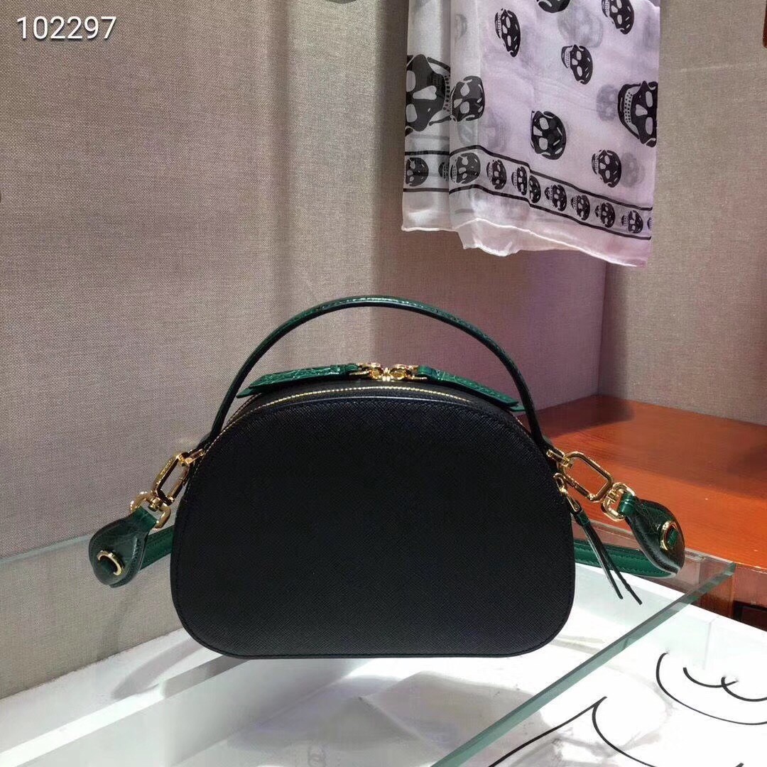 Pra*a odette black saffiano and green crocodile bag