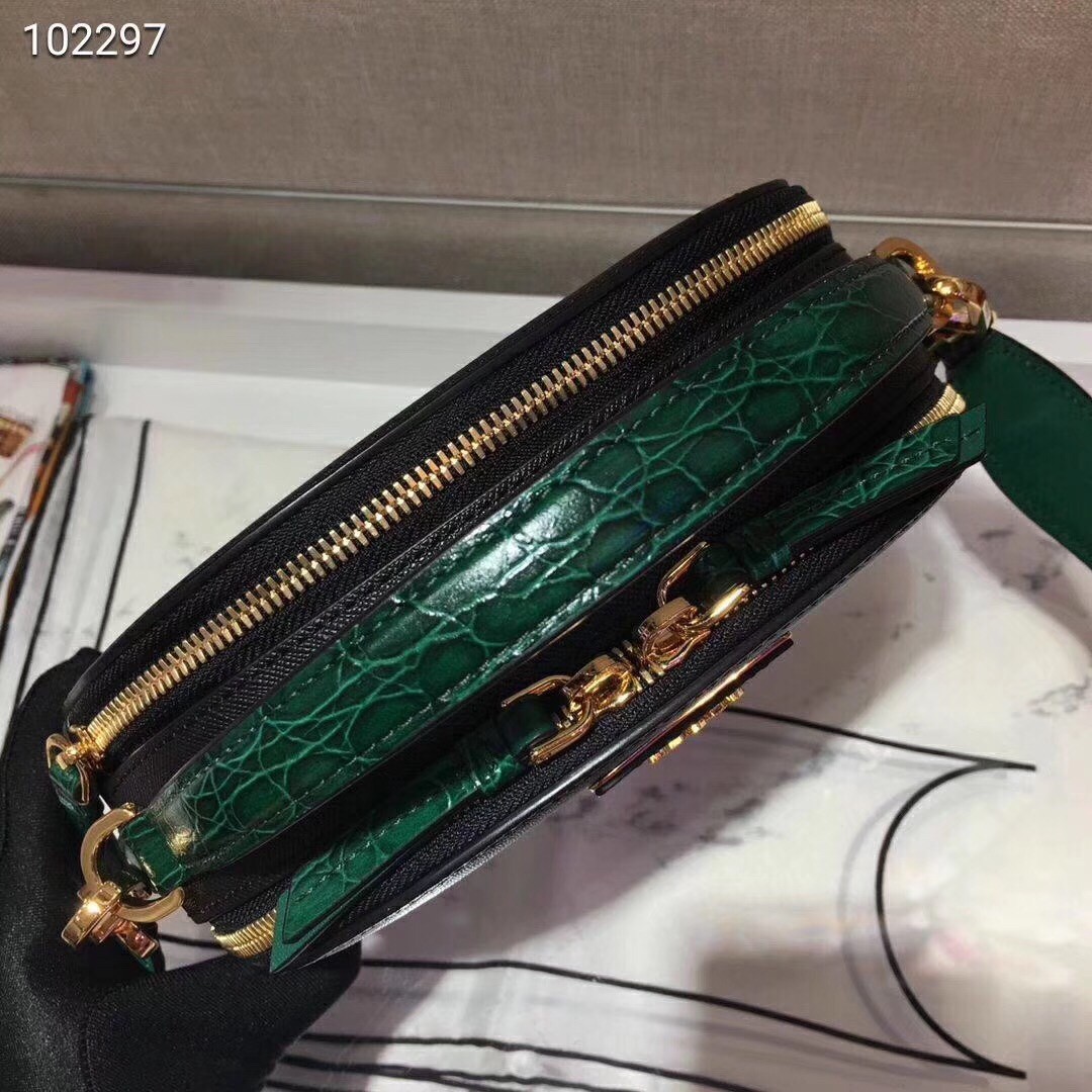 Pra*a odette black saffiano and green crocodile bag