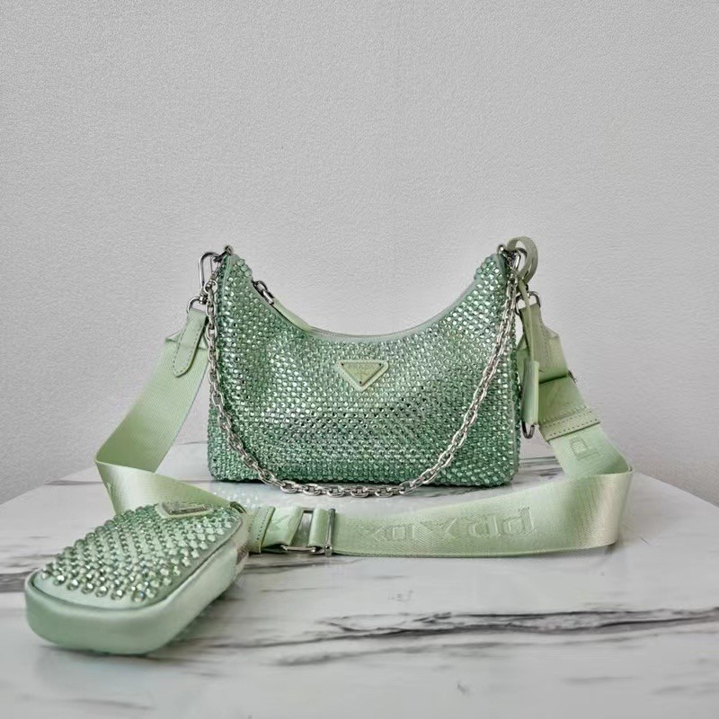 Pra*a re-edition 2005 bag in aqua satin with crystals