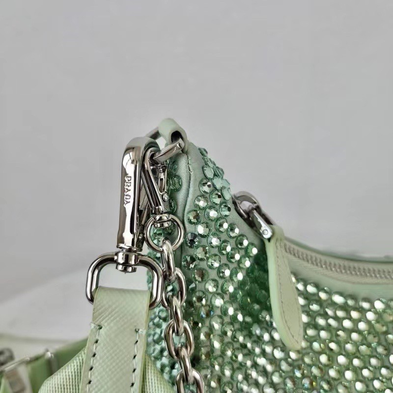 Pra*a re-edition 2005 bag in aqua satin with crystals