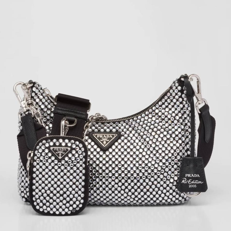 Pra*a re-edition 2005 bag in black satin with crystals