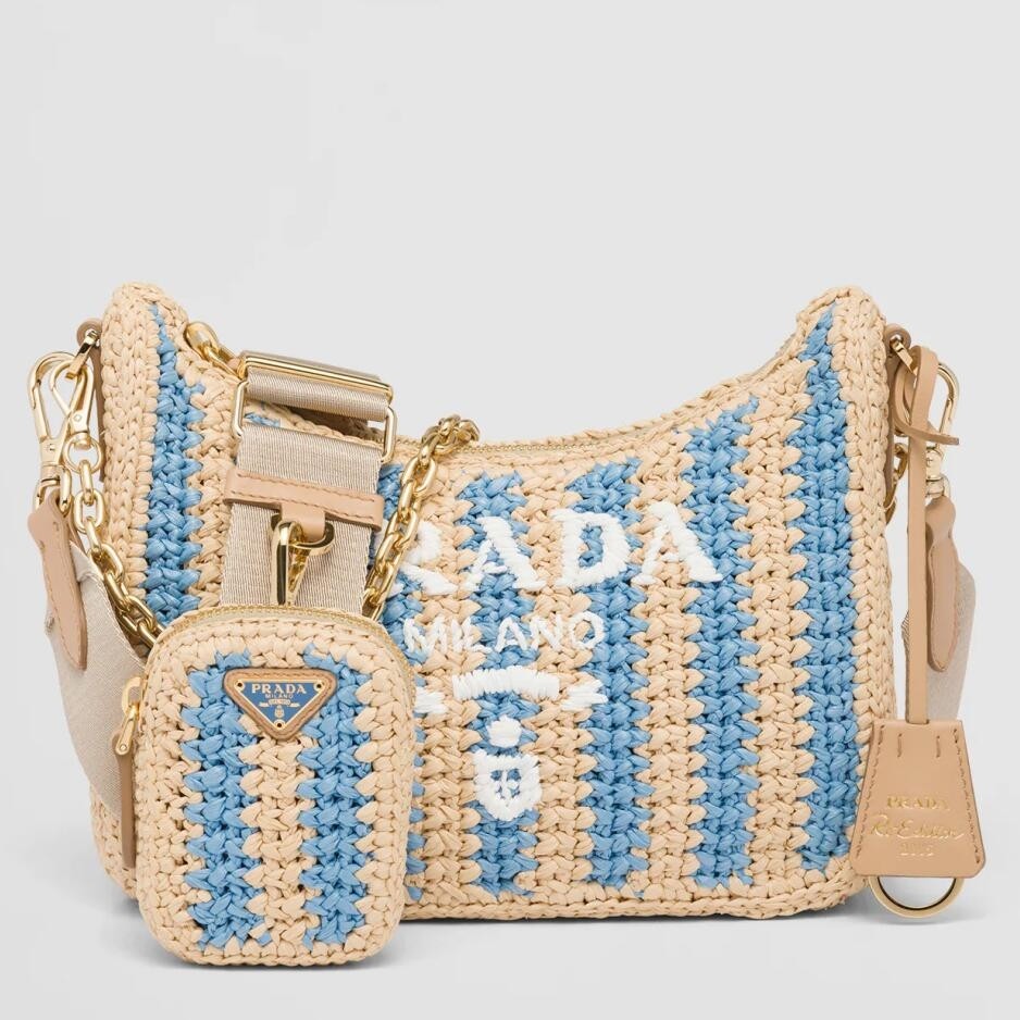 Pra*a re-edition 2005 bag in beige and blue stripe raffia
