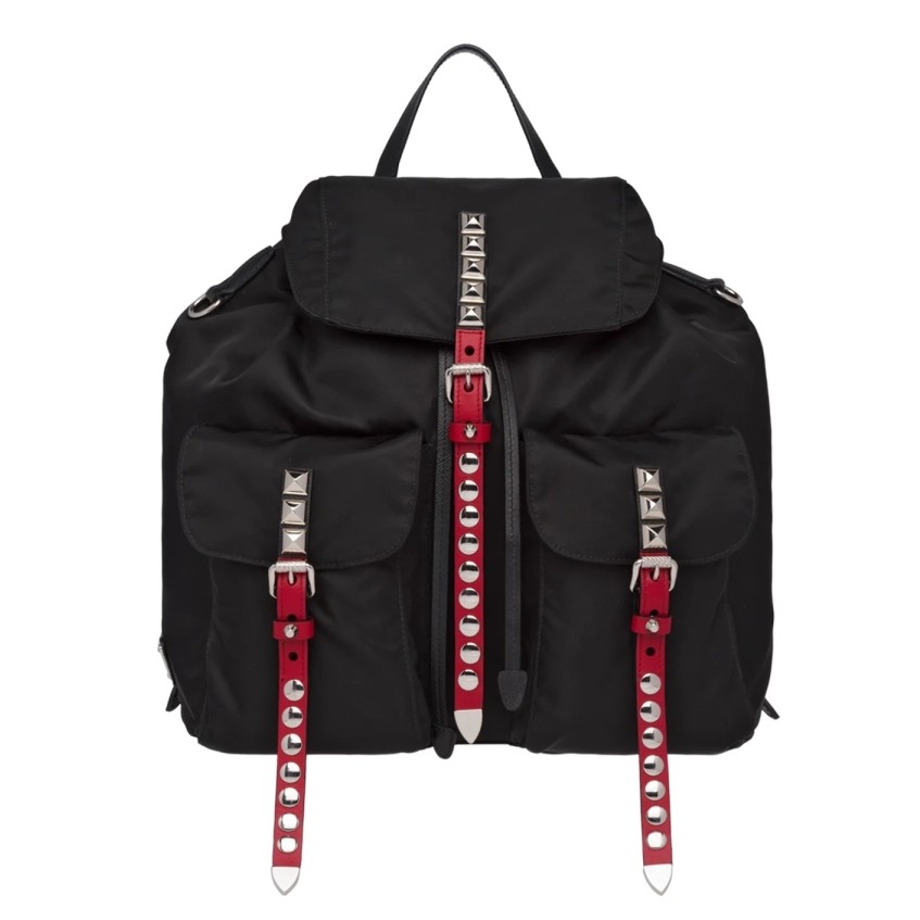 Pra*a black nylon backpack with red metal studs