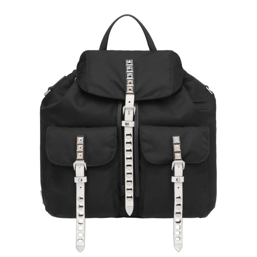 Pra*a black nylon backpack with white metal studs