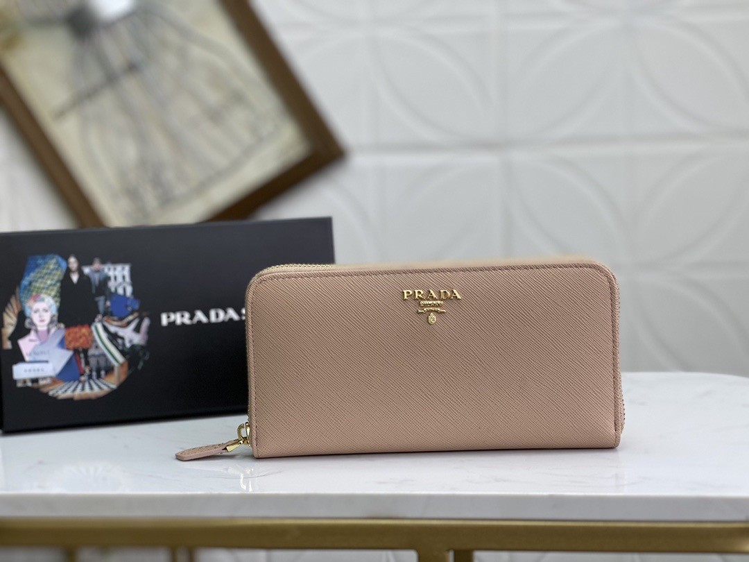 Pra*a zip around wallet in powder pink saffiano calfskin