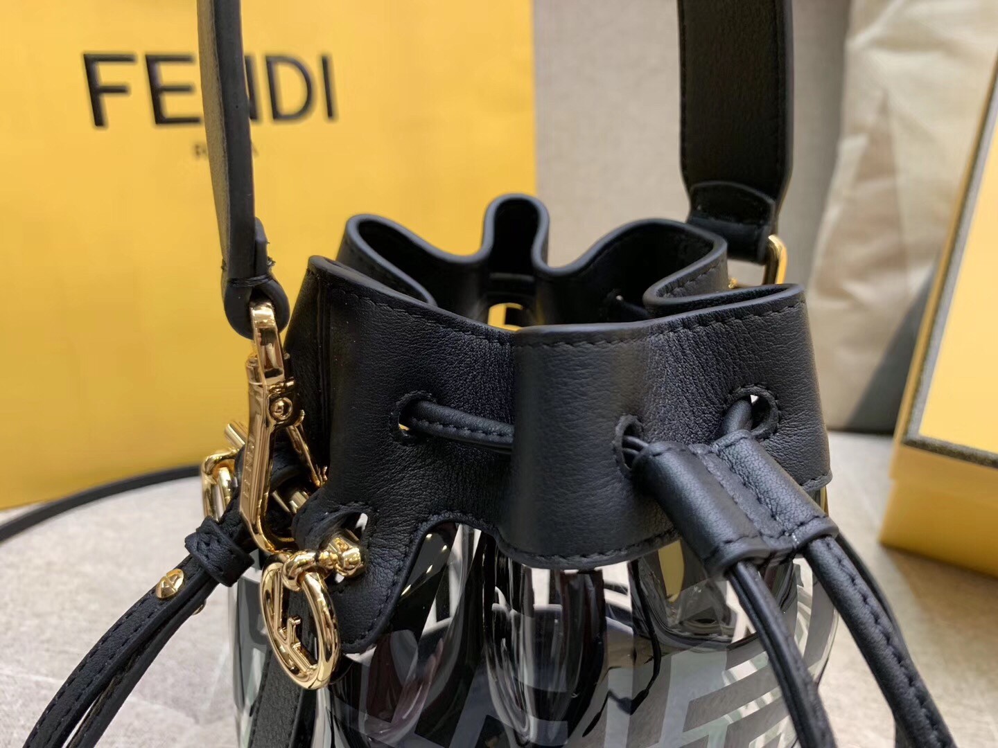 F**di black mon tresor mini bucket bag in transparent pu