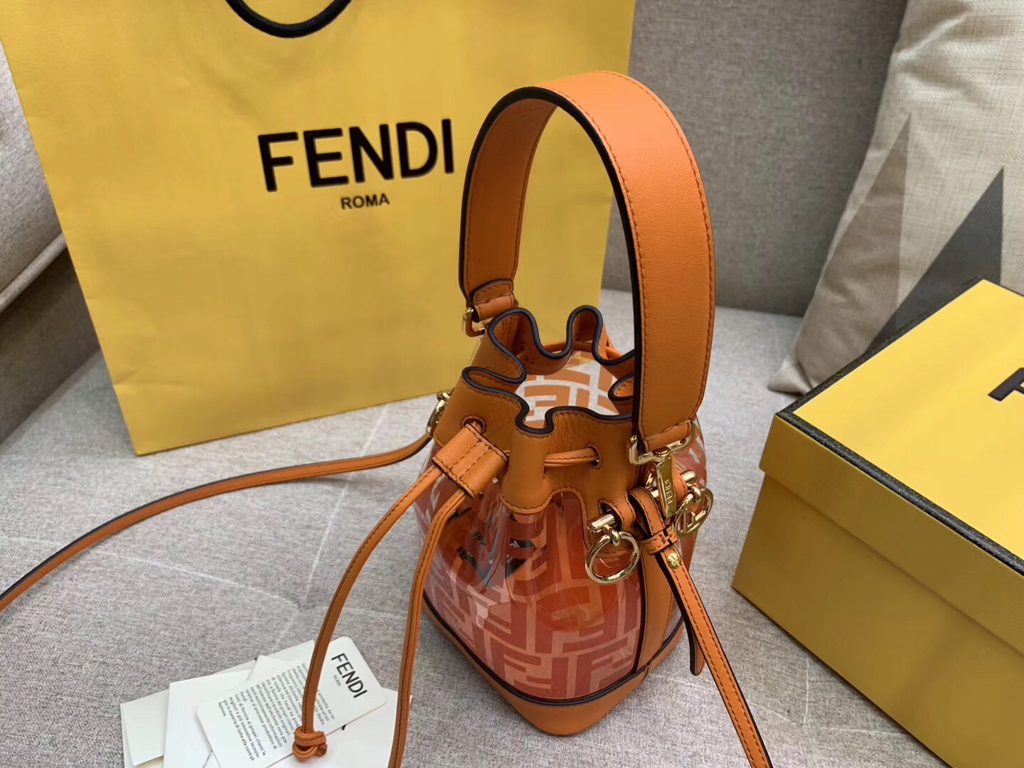 F**di orange mon tresor mini bucket bag in transparent pu