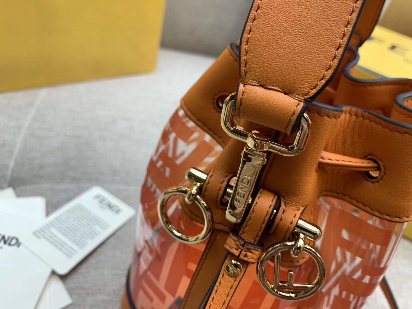 F**di orange mon tresor mini bucket bag in transparent pu
